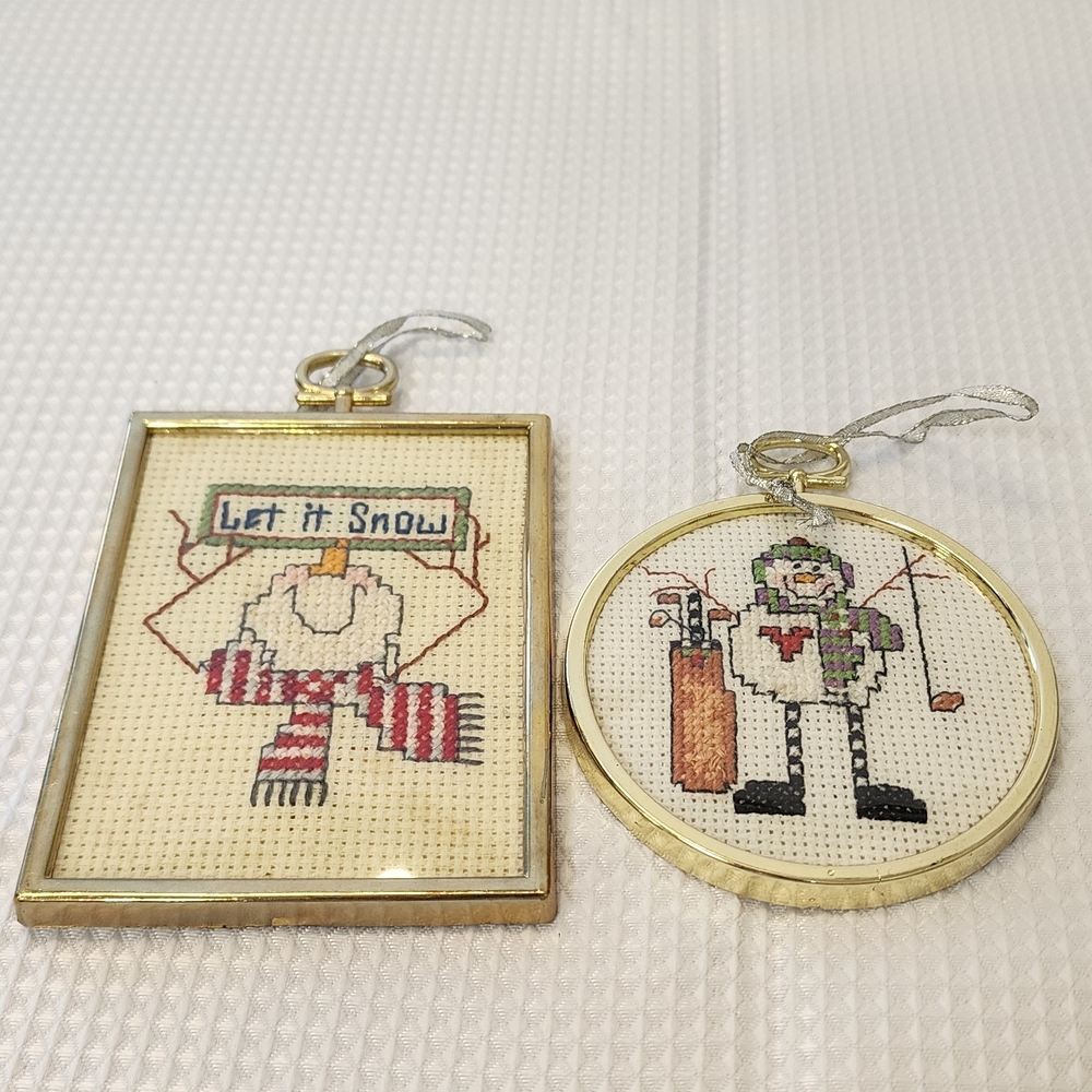 Vintage Cross Stitch Snowman Ornaments Lot Golf & Let It Snow Handmade Framed